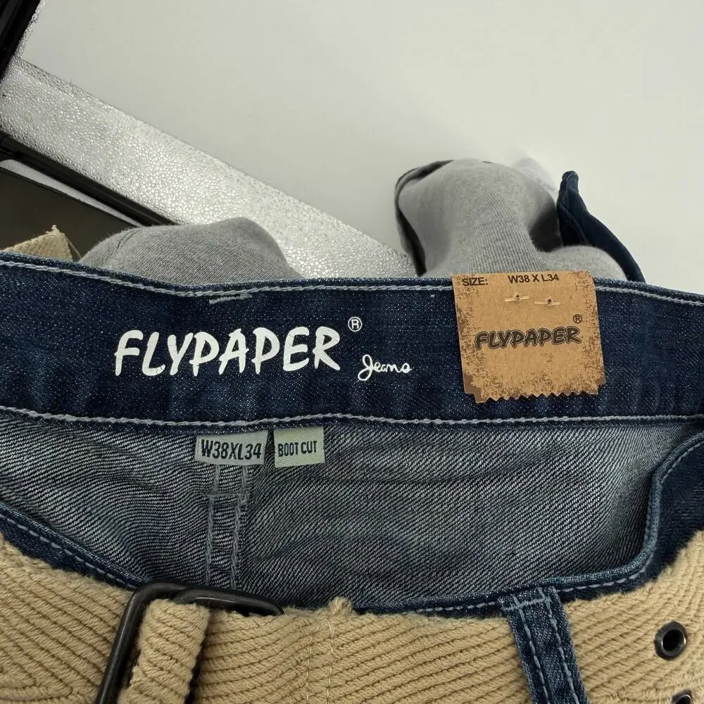 BRAND NEW NWT Men's Flypaper Medium Wash Blue Denim Bootcut Jeans W/ Belt 38x34